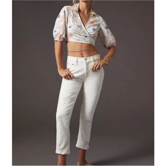 Anthropologie Maeve White Eyelet Seashell Collared Wrap V Neck Shirt Medium - Picture 12 of 16